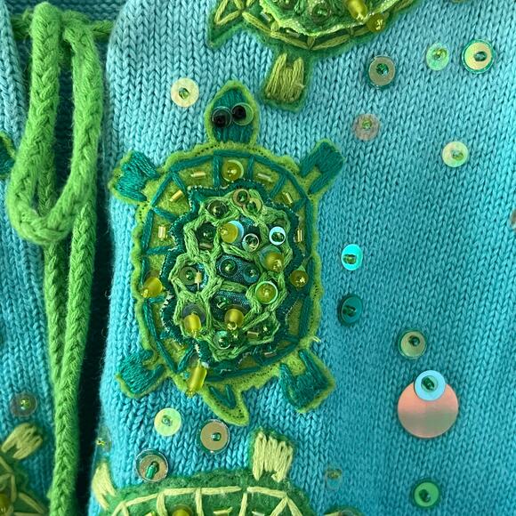 Design Options Turtle Sequin Cardigan Sweater Turquoise Ombré Size S Coastal - Picture 4 of 4